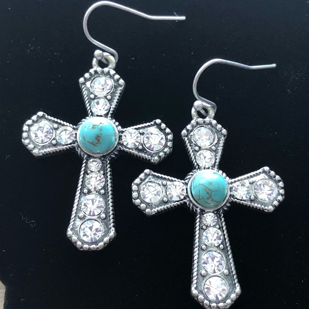 🆕 Turquoise & Rhinestone Cross Earrings - Picture 6 of 6
